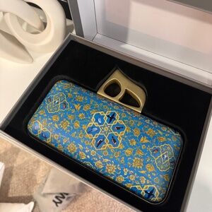 Designer NIMANY Blue & Gold Brocade Evening Clutch with Sculptural Handle – New